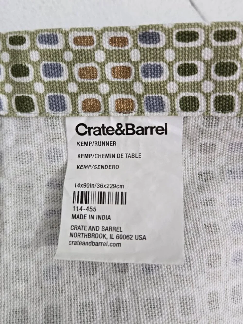 Crate & Barrel Kemp Green Geometric Runner 14x86 India 100% Cotton Modern Funky